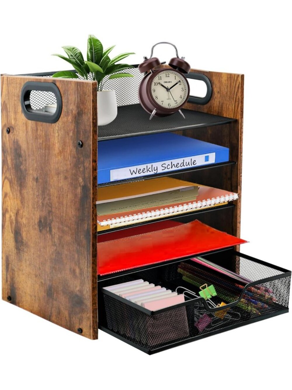 5-Tier Wooden Desk Organizer with Drawer - Stylish File & Paper Tray for Office